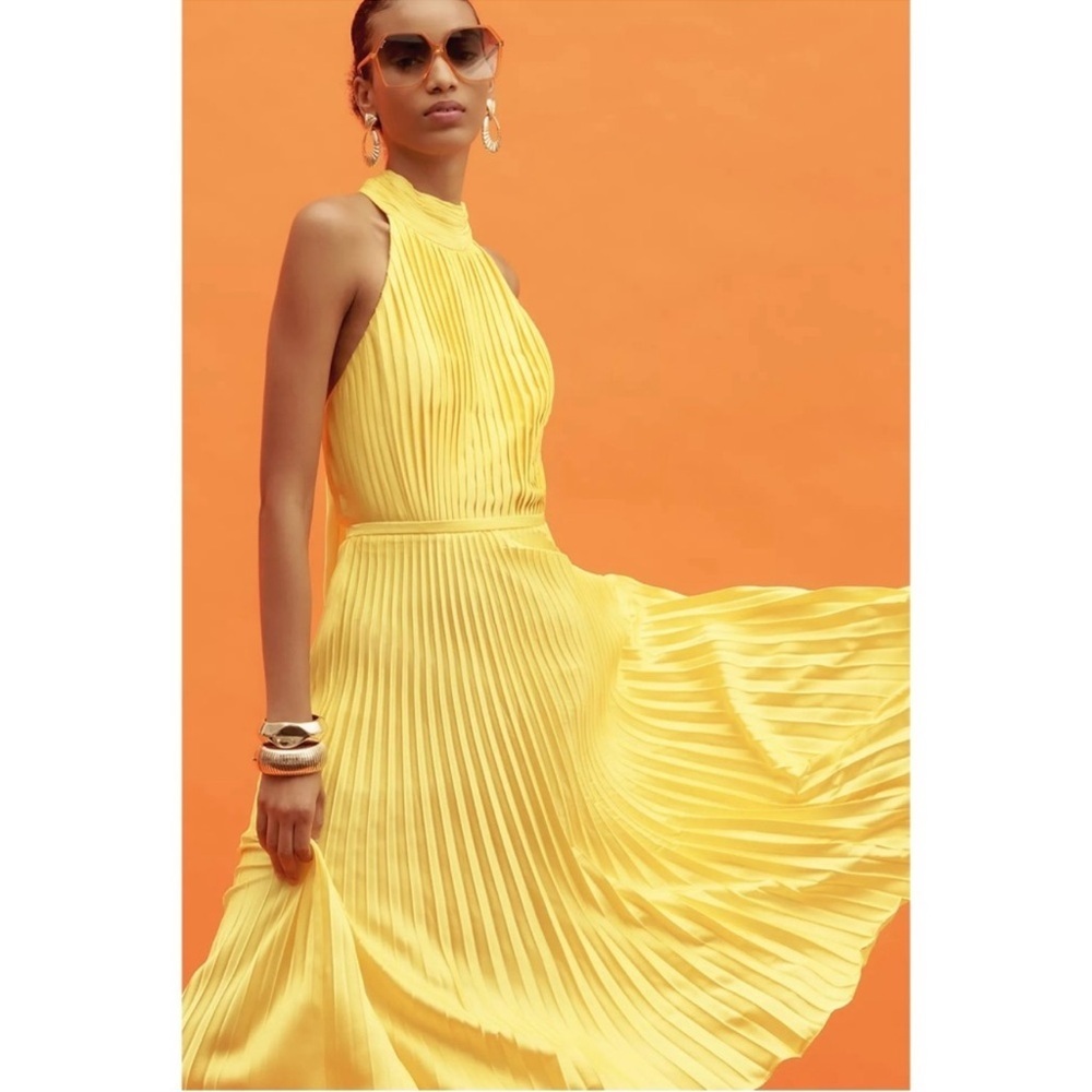 Anthropologie Mac Duggal Yellow Pleated Halter Midi Dress 12 Wedding Guest Event - Picture 10 of 10